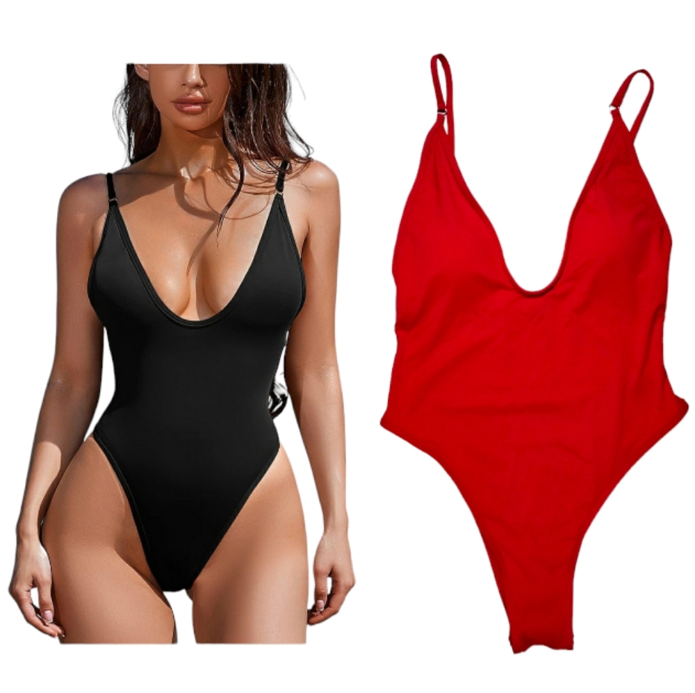 Sexy Plunging V Neck Bathing Suit Open Back One Piece Swimsuits Medium Red NWOT